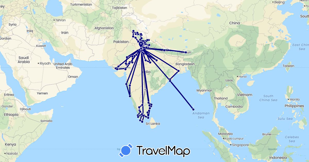 TravelMap itinerary: driving, plane in Bhutan, India, Nepal (Asia)
