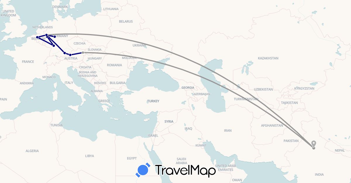 TravelMap itinerary: driving, plane in Austria, Belgium, Germany, India (Asia, Europe)