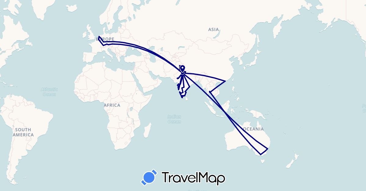 TravelMap itinerary: driving in Austria, Australia, Belgium, Switzerland, China, Germany, India, Netherlands, Thailand (Asia, Europe, Oceania)