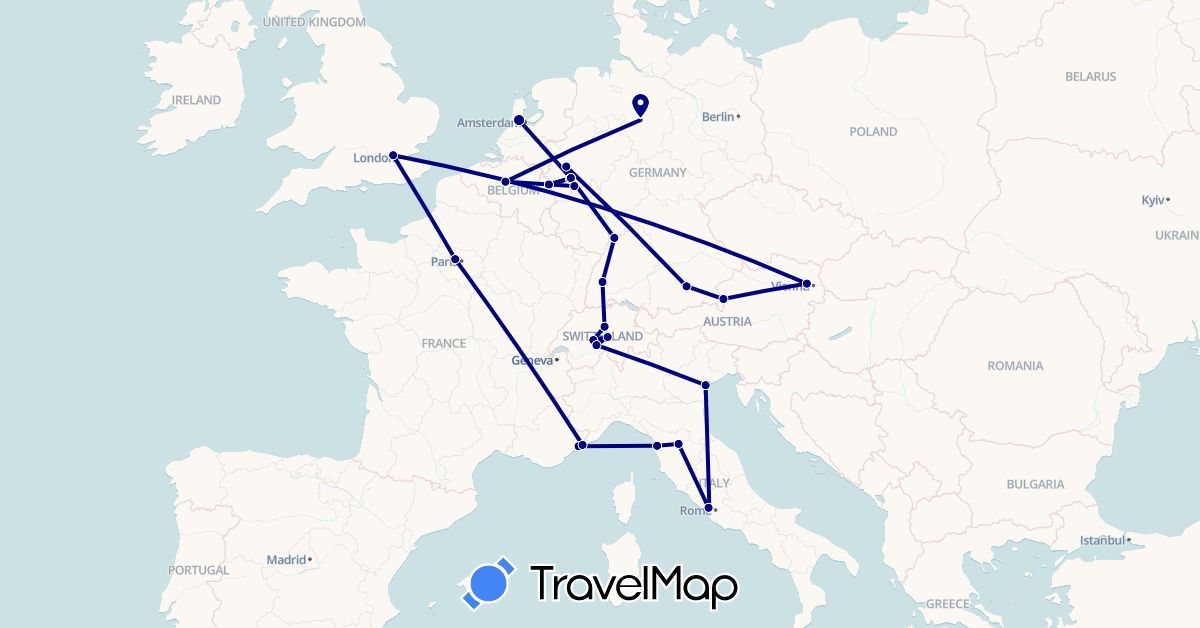 TravelMap itinerary: driving in Austria, Belgium, Switzerland, Germany, France, United Kingdom, Italy, Monaco, Netherlands, Vatican City (Europe)